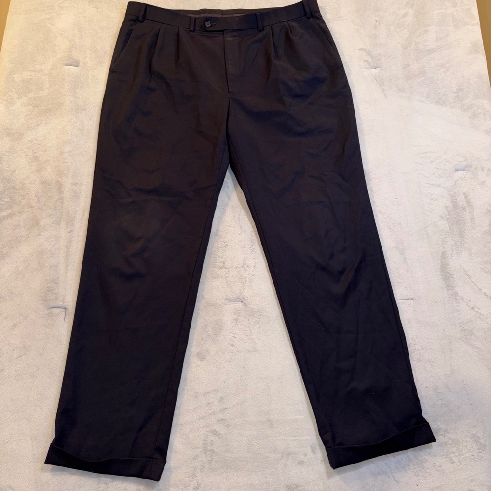 Mens 38x32 100% Wool Pleated Dress Pants Navy‎ Blue Cuffed Trousers